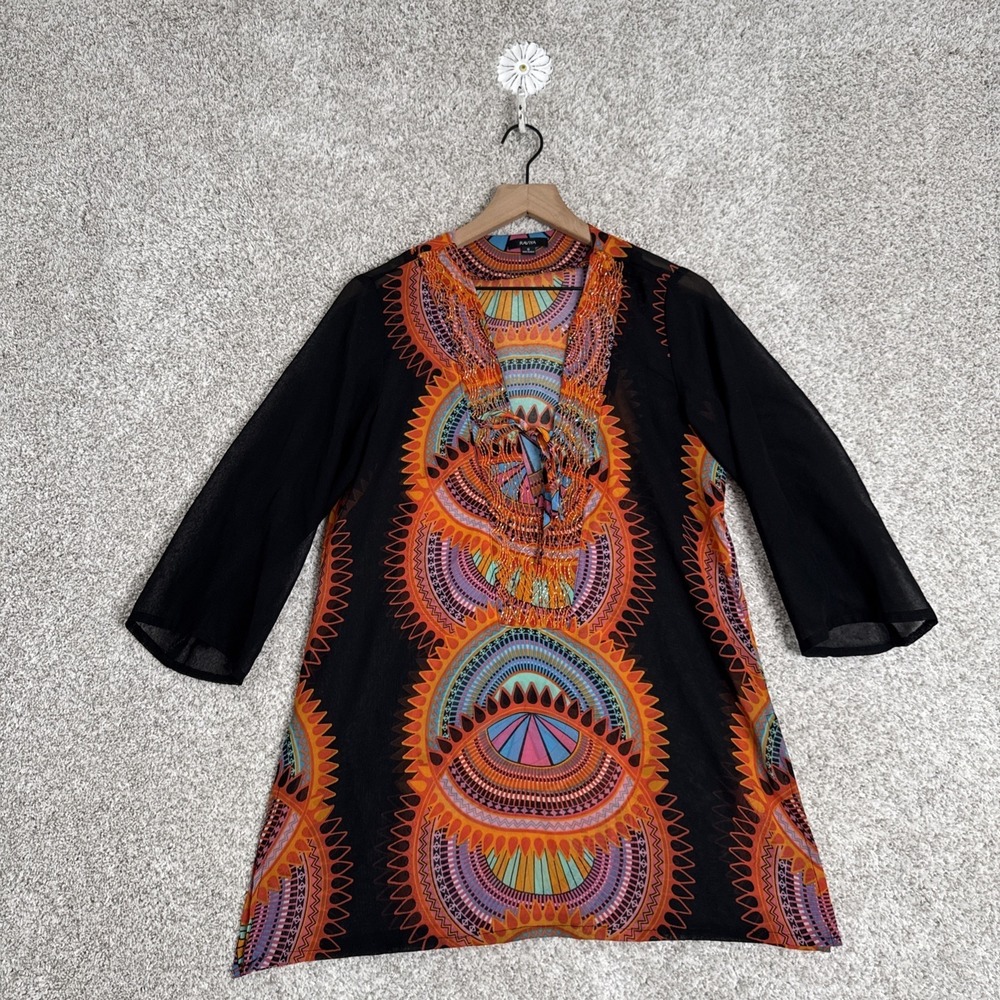 Raviya Womens Top Tunic‎ Small Sheer Beaded Black Orange Coverup Beach Swim